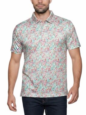 Proud 90 Golf Floral Polo Shirt Pink Blue Short Sleeve Stretch Men’s Size Small